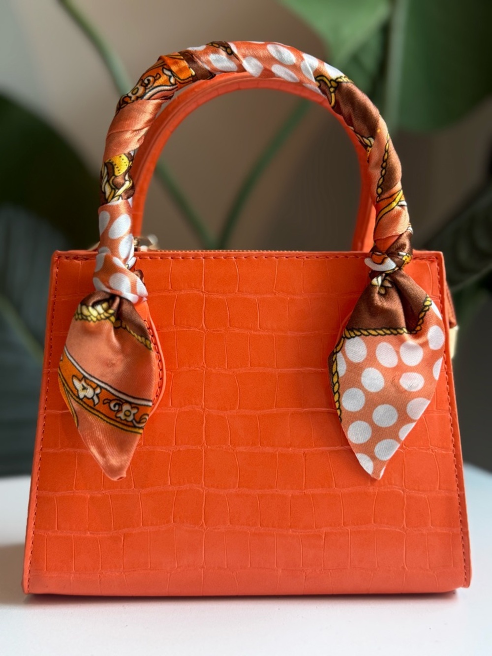 Vibrant Orange Croc-Embossed Mini Top Handle Bag
